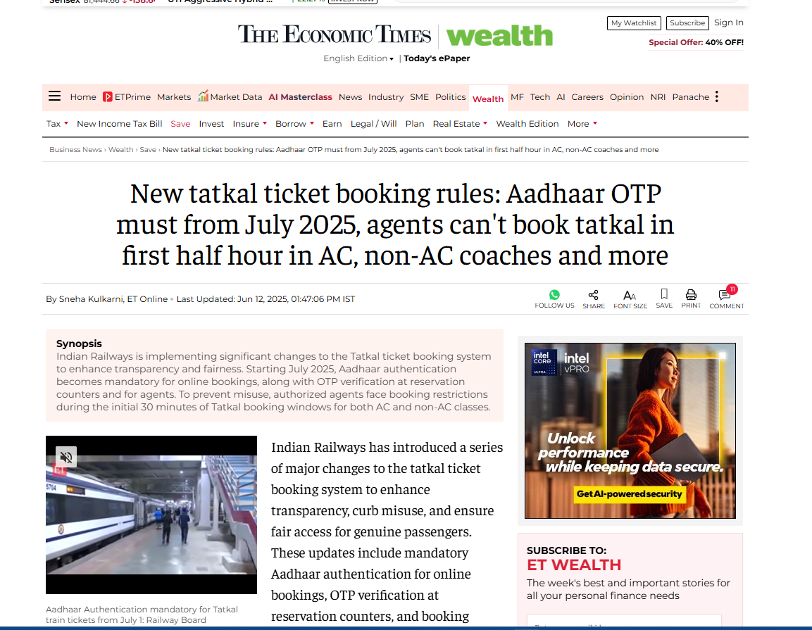 New tatkal ticket booking rules: Aadhaar OTP must from July 2025, agents can't book tatkal in first half hour in AC, non-AC coaches and more
