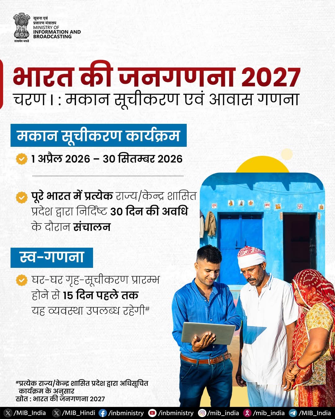 भारत की जनगणना 2027 - दो चरणों में होगी प्रक्रिया 5 प्रधानमंत्री श्री नरेन्द्र मोदी की अध्यक्षता में केंद्रीय मंत्रिमंडल ने आज 11,718.24 करोड़ रुपये की लागत से भारत की जनगणना 2027 कराने के प्रस्ताव को मंजूरी दे दी है ।
